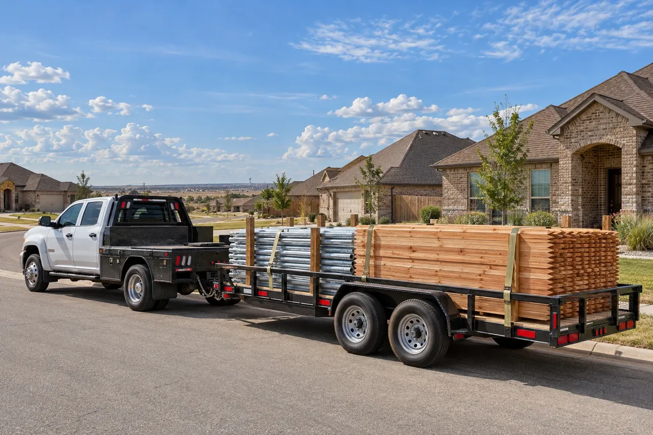 Truck and trailer loaded with cedar pickets and steel posts in Amarillo