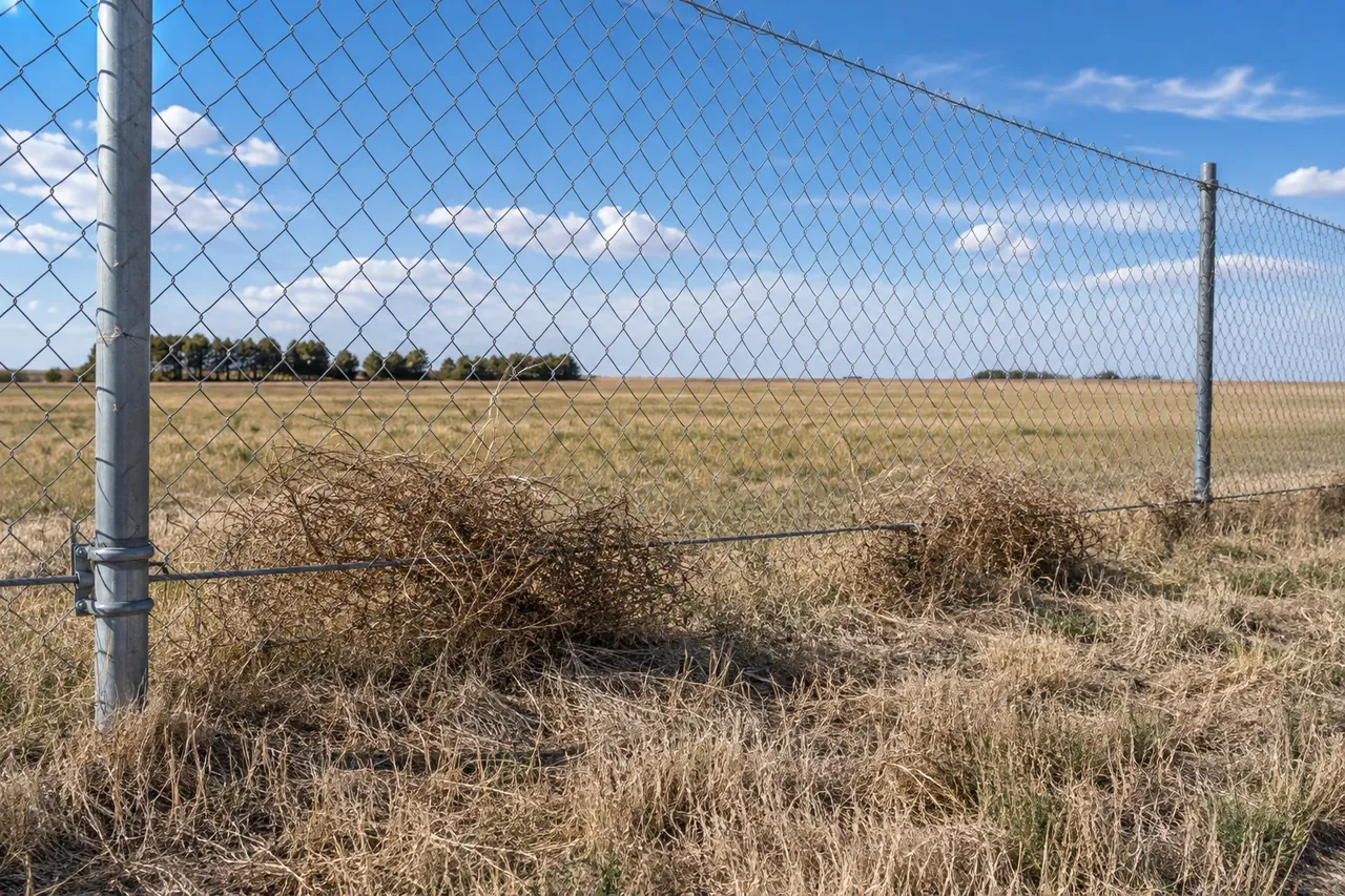 Tumbleweeds caught on a chain link fence on the Amarillo plains