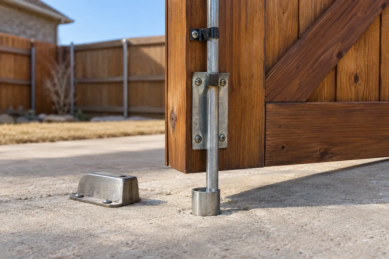 Drop rod holding a double gate leaf against Amarillo wind