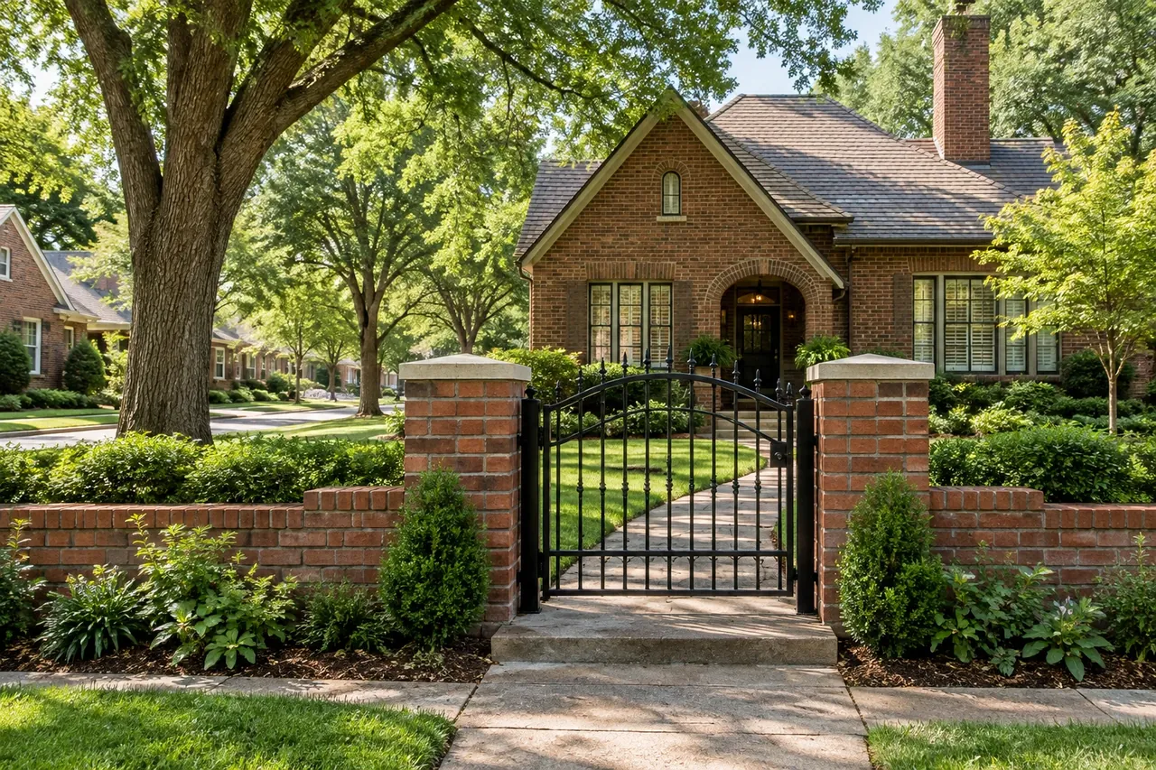 Arched iron walk gate at the front of an Amarillo brick home