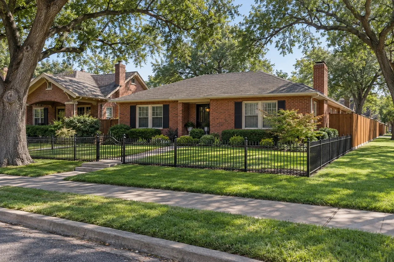 Iron front fence and cedar side fence on an Amarillo brick home