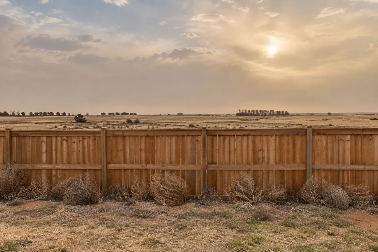 Cedar fence standing through a spring dust storm outside Amarillo