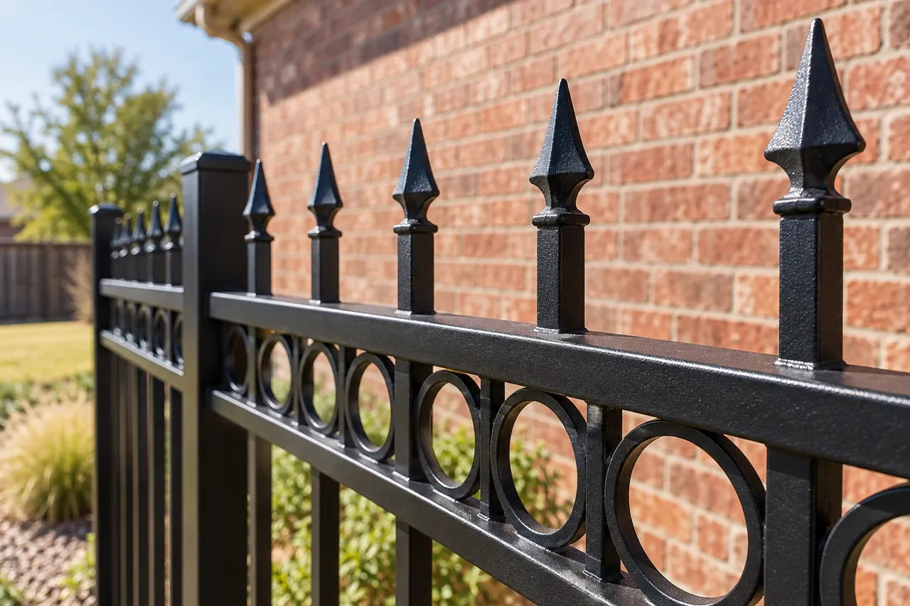 Black ornamental steel pickets in front of an Amarillo brick home