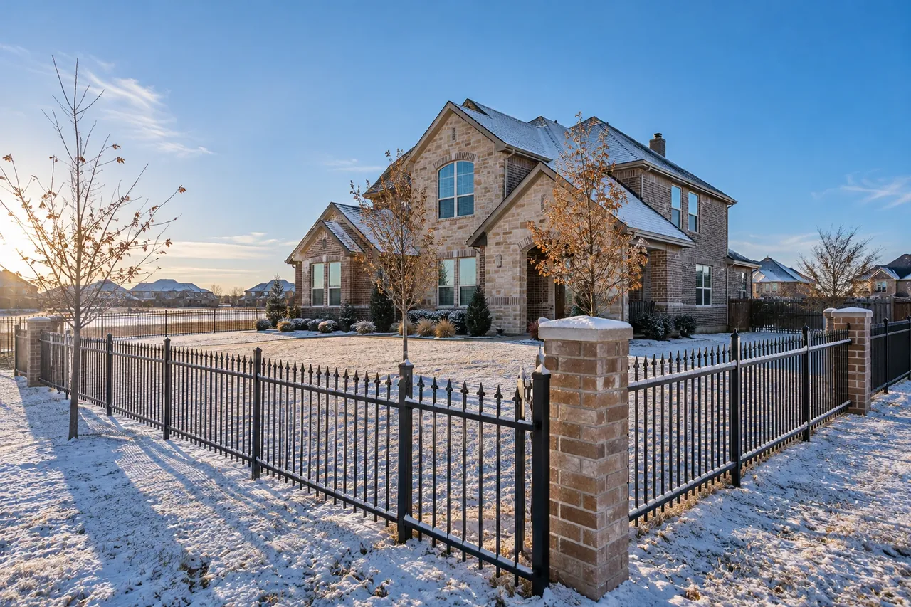 Black iron fence after a light snow in Amarillo