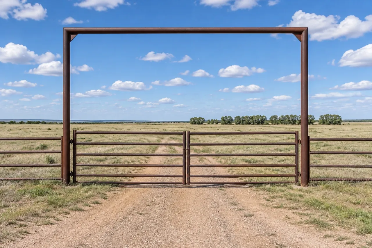 Welded pipe ranch entry gate on Panhandle acreage