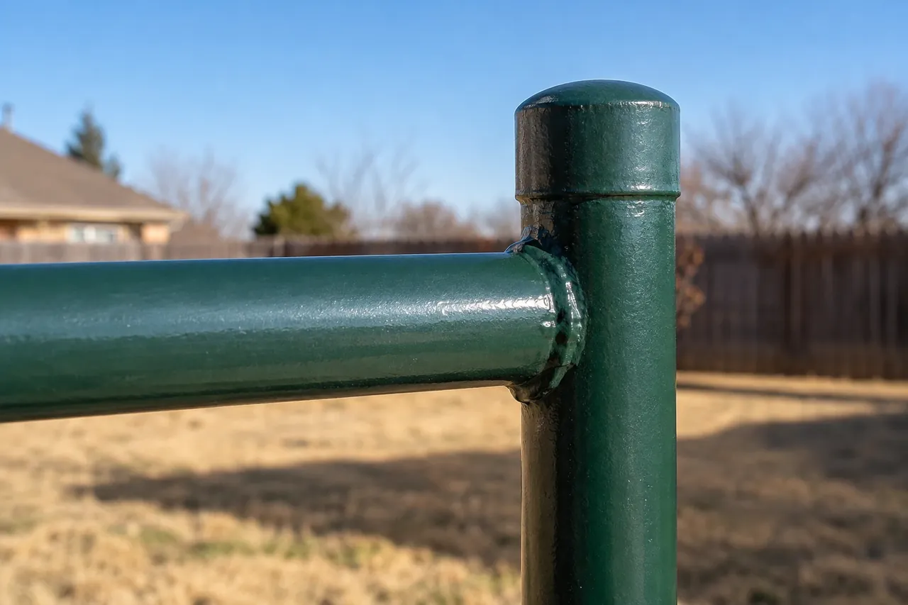 Welded pipe fence joint with a capped post