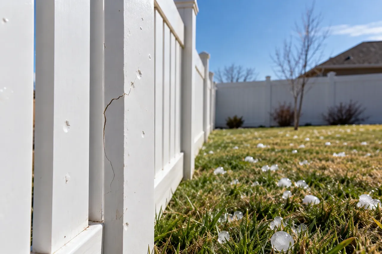 Hail-cracked vinyl fence picket in Amarillo