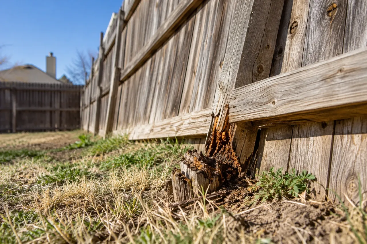 Wood fence post snapped at the ground after an Amarillo windstorm