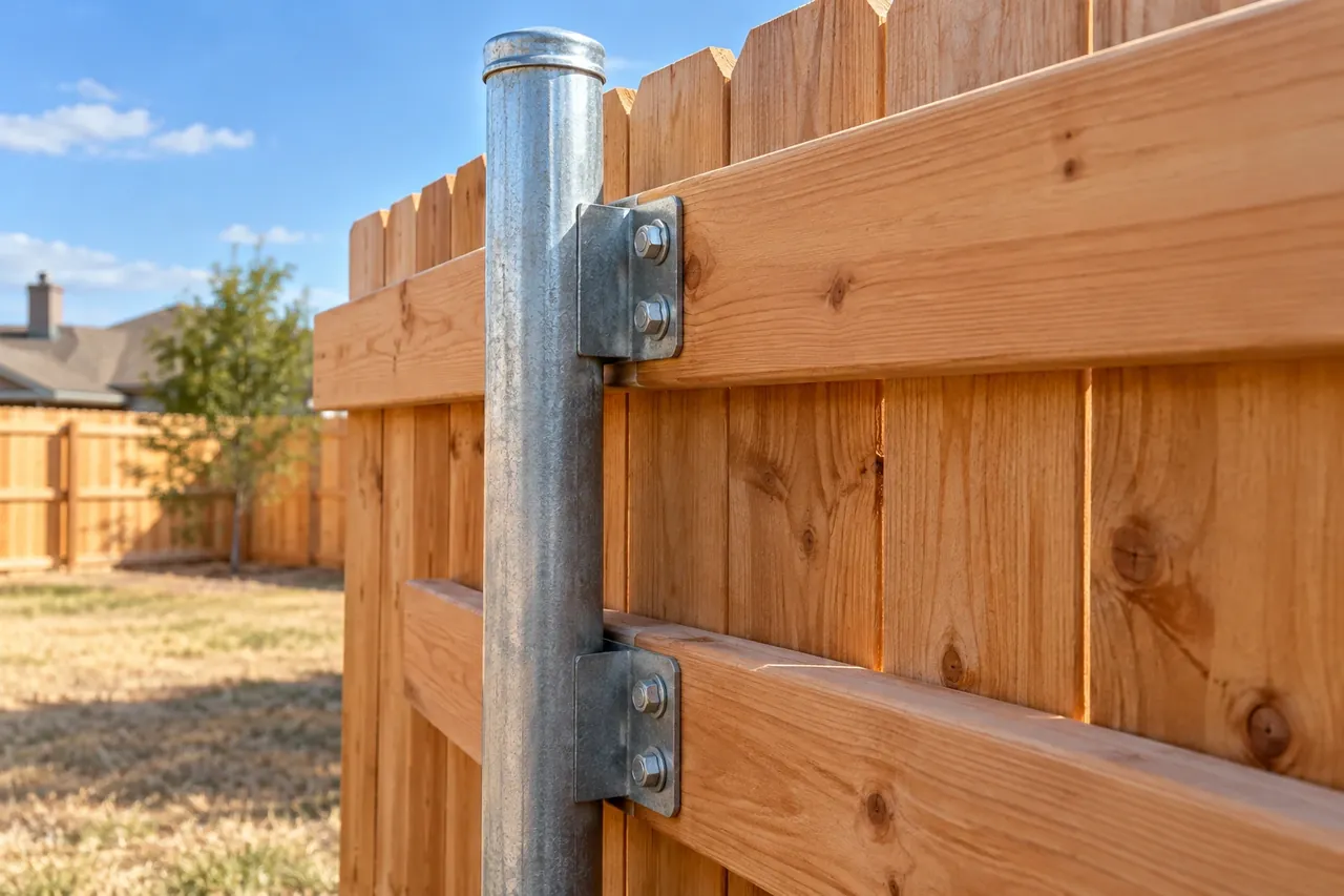 Galvanized steel post with brackets holding the rails of a cedar fence in Amarillo